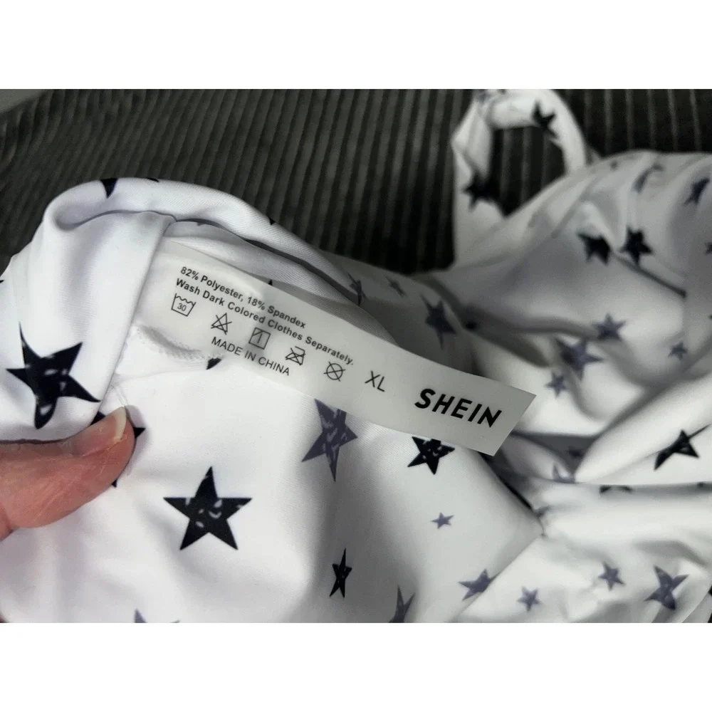 SHEIN‎ Womens XL White Star Print Front Tie Knot Scoop Neck Bikini Top